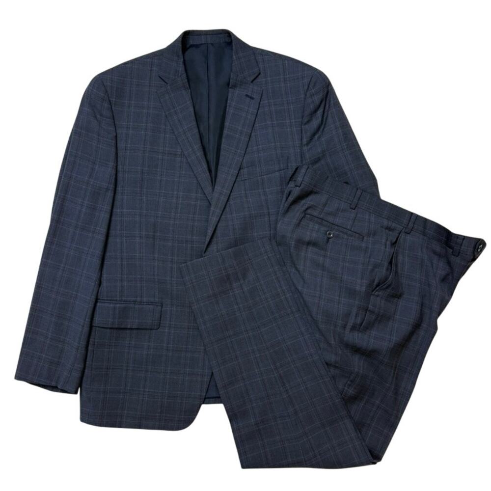 Michael Kors Mens 42L Blue Grid Pattern Wool Blend Suit Blazer Pants Set 2 Piece